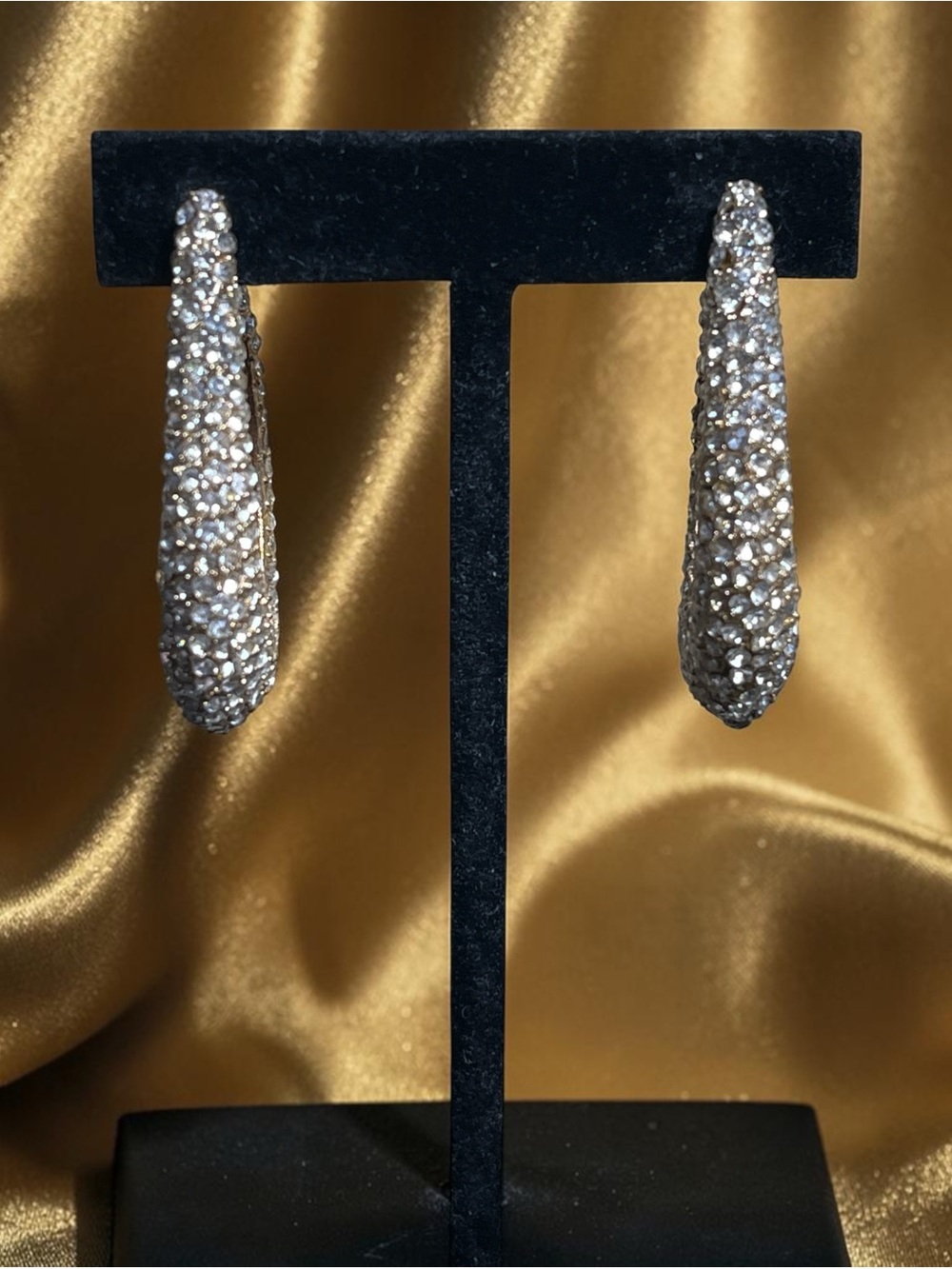 Crystal Pave Teardrop Hoop Earrings - Silver Tone